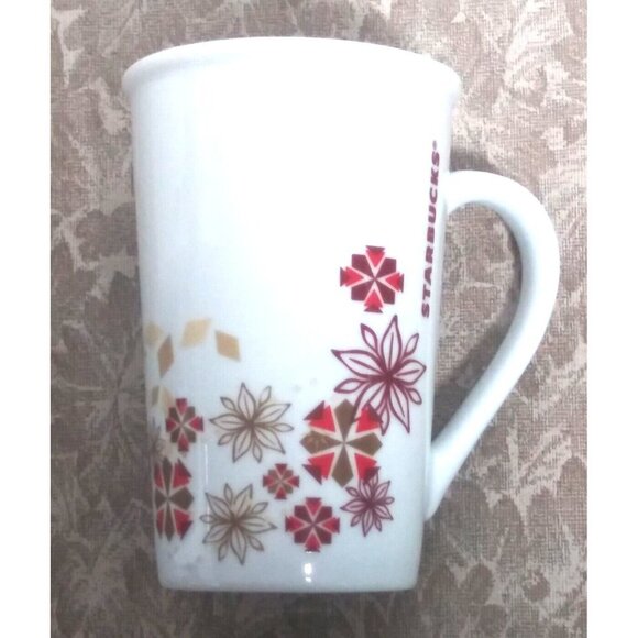 Starbucks 2013 Mug VINTAGE Holiday Coffee Mug Red Snowflakes Poinsettias 12 Oz - Picture 2 of 8